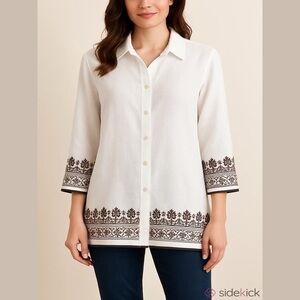 Women's White Button Down Shirt with Black Embroidery